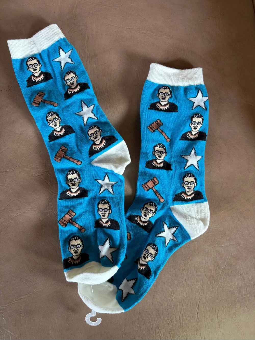Ruth Bader Ginsburg Blue Novelty Crew Socks with Gavel & Star Pattern Adult Size